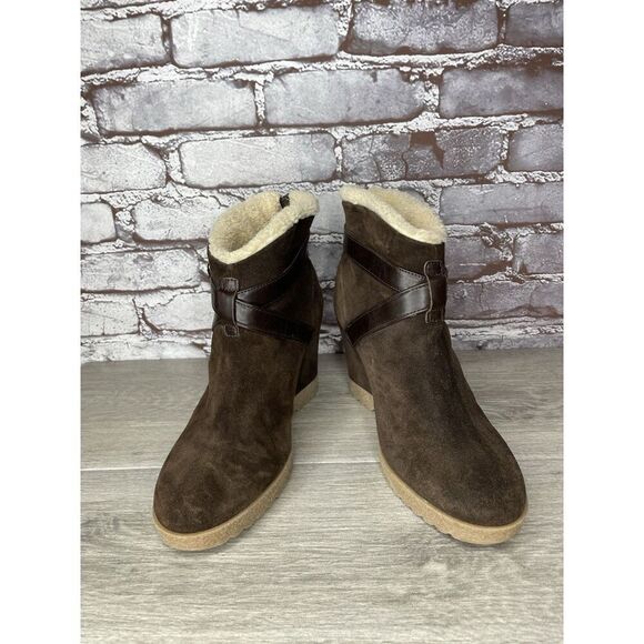Aquatalia Brown Suede Faux Fur Strap Ankle Wedge Booties Women’s Sz 10M US/41EU - Picture 2 of 16